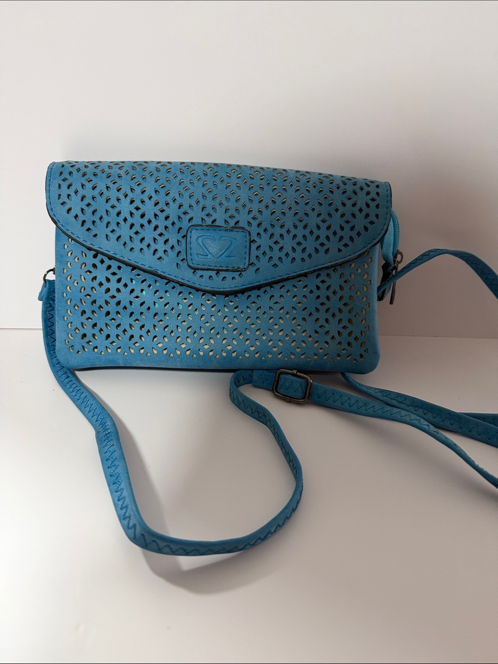 Turquoise Laser-Cut Envelope Crossbody Bag with Adjustable Strap